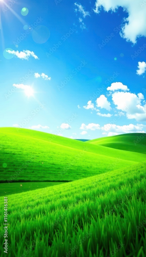 Obraz premium A sea of lush green grass meets a brilliant blue sky , green fields, fields with sky, green meadows