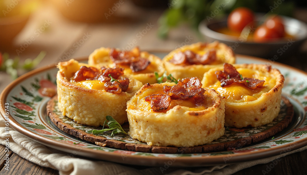 Savory Quiches with crispy bacon and melted cheese on a decorative plate, warm golden hour light enhancing the cozy feel, showcasing multiple layers with a rustic wooden backdrop Savory Quiches with crispy bacon and melted cheese on a decorative plate, warm golden hour light enhancing the cozy feel, showcasing multiple layers with a rustic wooden backdrop