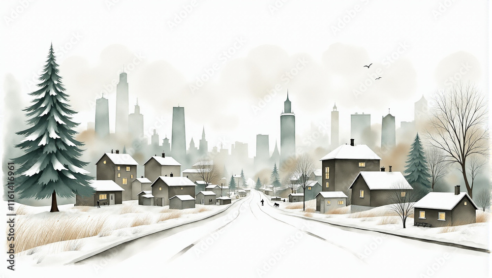 Obraz premium A serene winter landscape featuring a quaint village with snow-covered houses, tall evergreen trees, and a distant skyline of a bustling city under a misty sky.
