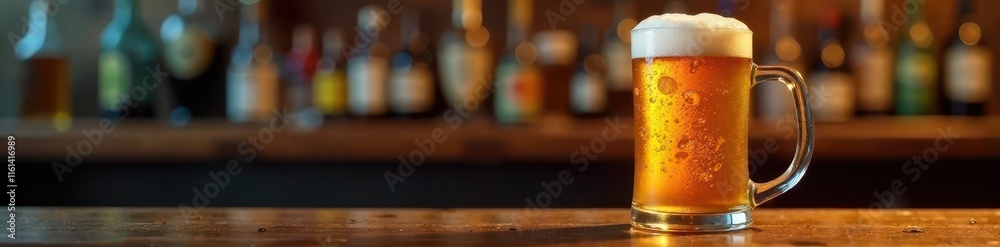 Beer glass filled with frothy beer on wooden bar counter, condensation, froth Beer glass filled with frothy beer on wooden bar counter, condensation, froth