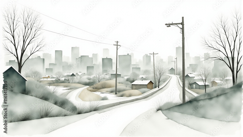 Obraz premium A serene winter landscape showcasing a rural scene with a winding road leading to a city skyline, enveloped in mist.