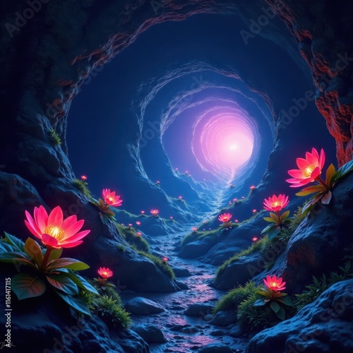 Bio luminescent plants, celestial vortex within cavern, fantasy, mystic photo