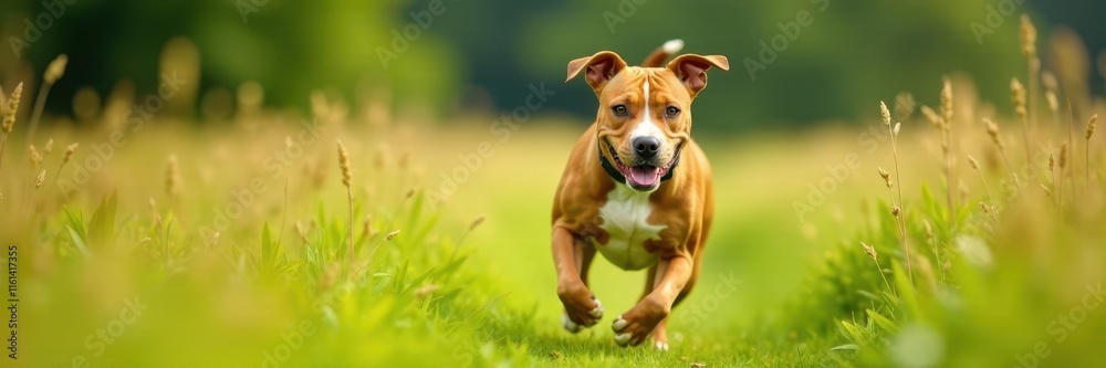 Brown and white Pit Bull Terrier dog running in a field of tall grass, grass, field Brown and white Pit Bull Terrier dog running in a field of tall grass, grass, field