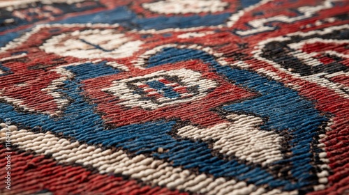 Intricate patterns of a traditional textile showcase rich colors and craftsmanship in a close-up view.