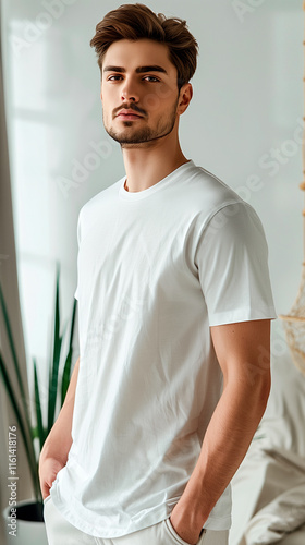 Stylish Blond Man in Casual White Outfit - Summer Studio Fashion Portrait