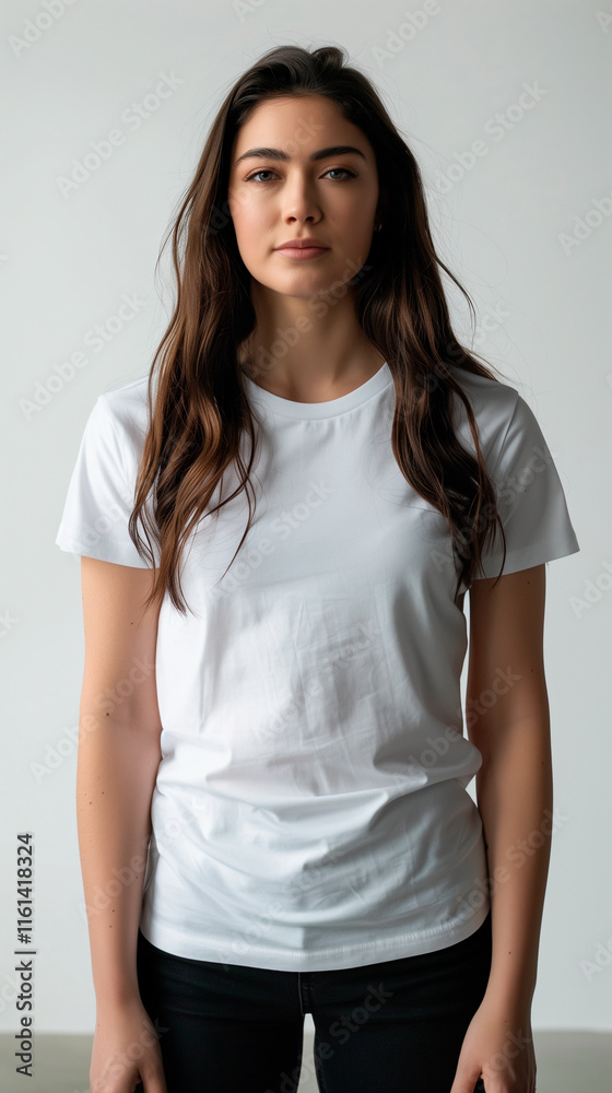 Smiling Brunette Woman in Casual White T-Shirt - Studio Portrait on White Background Smiling Brunette Woman in Casual White T-Shirt - Studio Portrait on White Background