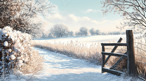 Frozen hedgerow landscape, winter rural scene, hoar frost, depth of field. Frostline. Illustration photo