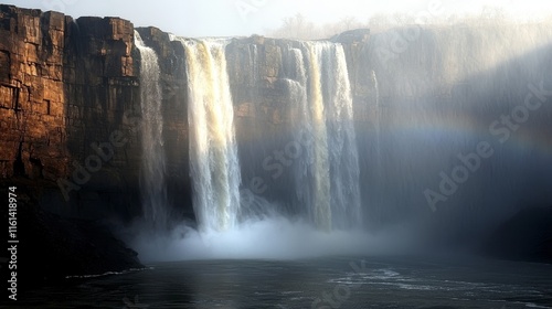 Fototapeta Naklejka Na Ścianę i Meble -  Majestic waterfall cascading over cliff with mist and rainbow in serene nature scene