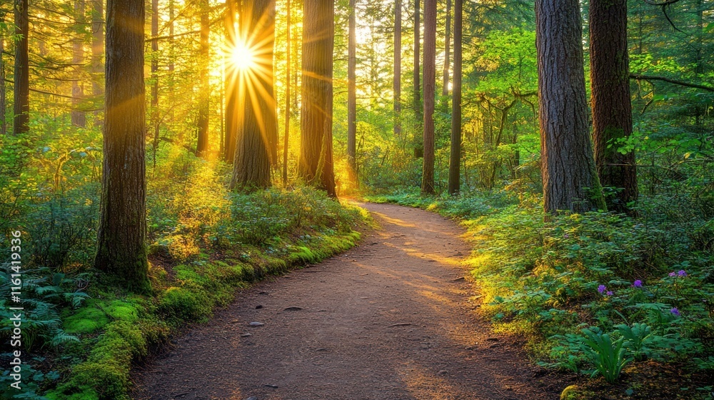 Obraz premium Sunlit forest path at sunrise.