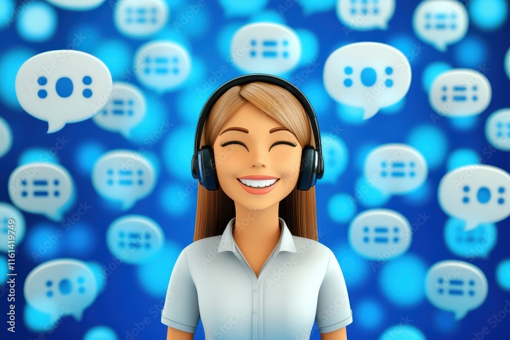 Cheerful young woman with long brown hair wearing headphones, surrounded by speech bubbles in a vibrant blue background. Cheerful young woman with long brown hair wearing headphones, surrounded by speech bubbles in a vibrant blue background.