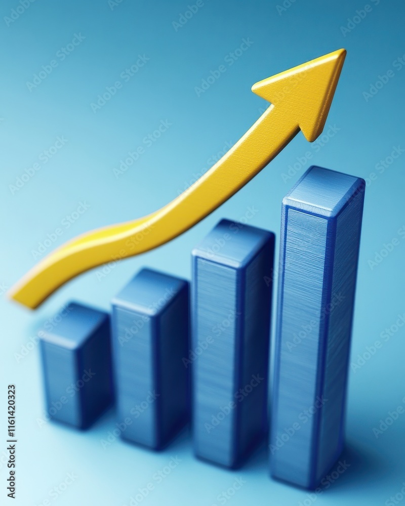 Growing business success represented by blue bars and an ascending yellow arrow on a blue background. Growing business success represented by blue bars and an ascending yellow arrow on a blue background.