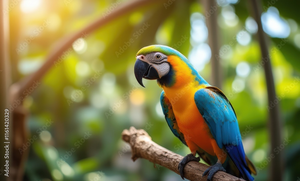 Vibrant blue and orange macaw perched beautifully Vibrant blue and orange macaw perched beautifully