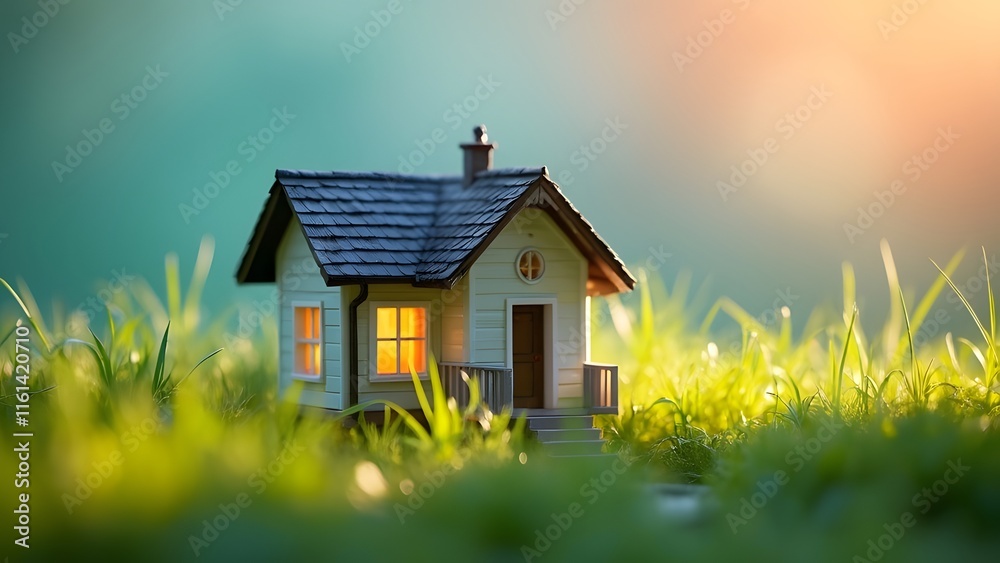 Serene Small Model Home in Lush Green Grass, Dreamy Pastel Sunset Background Serene Small Model Home in Lush Green Grass, Dreamy Pastel Sunset Background