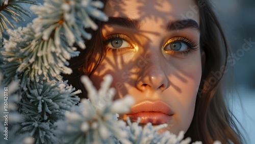 Serene Woman's Face Partially Hidden Behind Snow-Dusted Fir Branches, Golden Eyeshadow, Winter Wonderland Scene