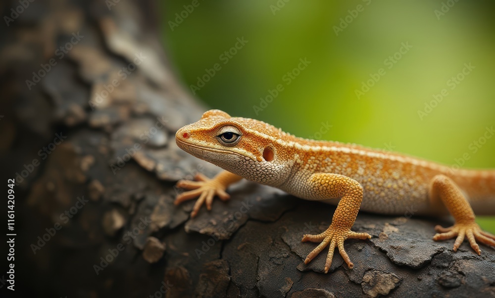 Orange lizard perched on textured bark Orange lizard perched on textured bark