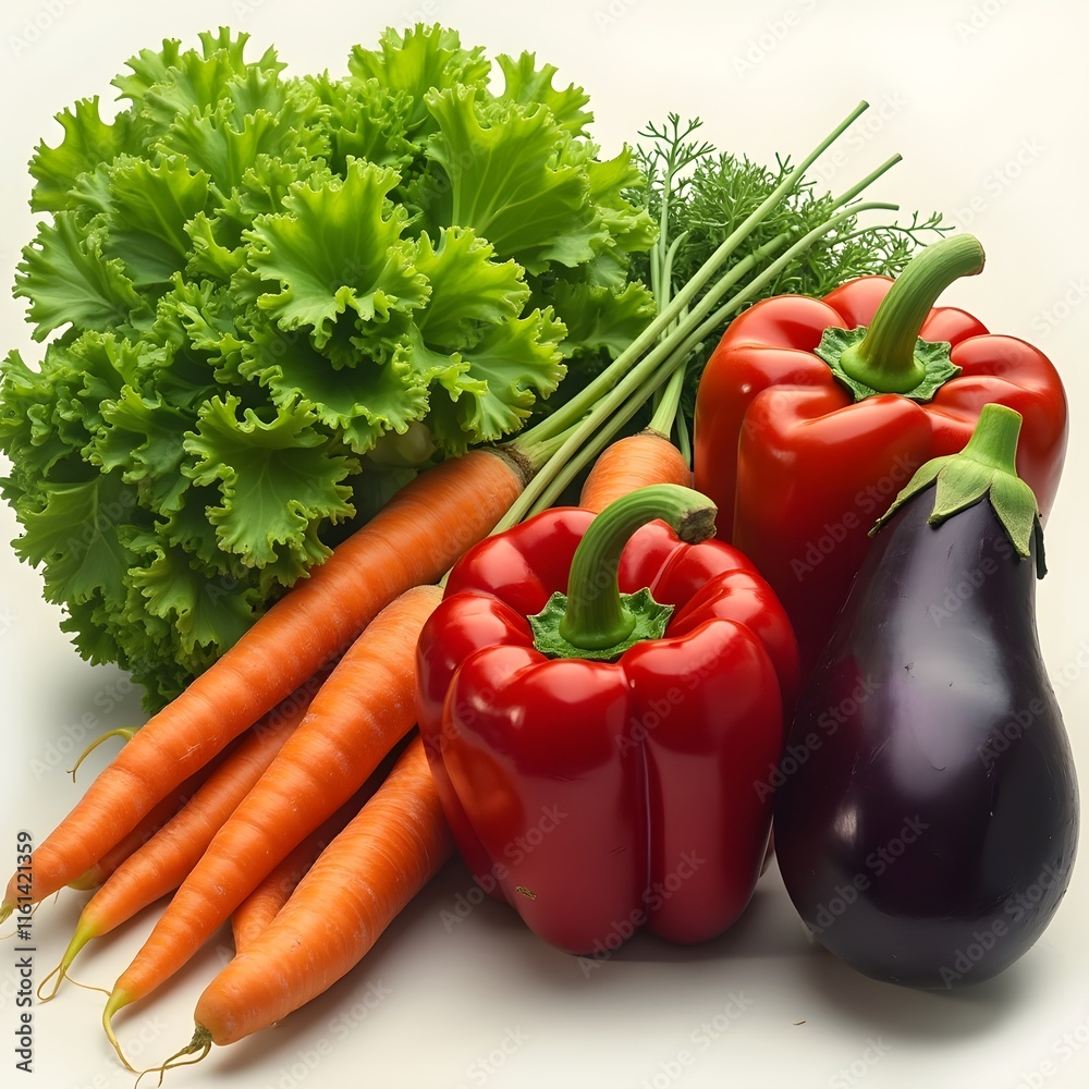 Vibrant Fresh Vegetables, Crisp Lettuce, Sun-Kissed Carrots, Red Bell Peppers, and Plump Eggplants Vibrant Fresh Vegetables, Crisp Lettuce, Sun-Kissed Carrots, Red Bell Peppers, and Plump Eggplants