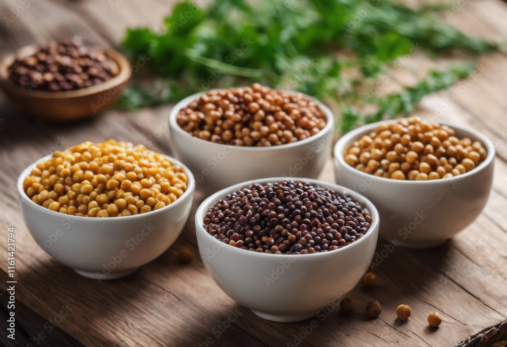 A variety of grains and legumes (quinoa, lentils, chickpeas) artfully displayed in small bowls on a rustic wooden table A variety of grains and legumes (quinoa, lentils, chickpeas) artfully displayed in small bowls on a rustic wooden table
