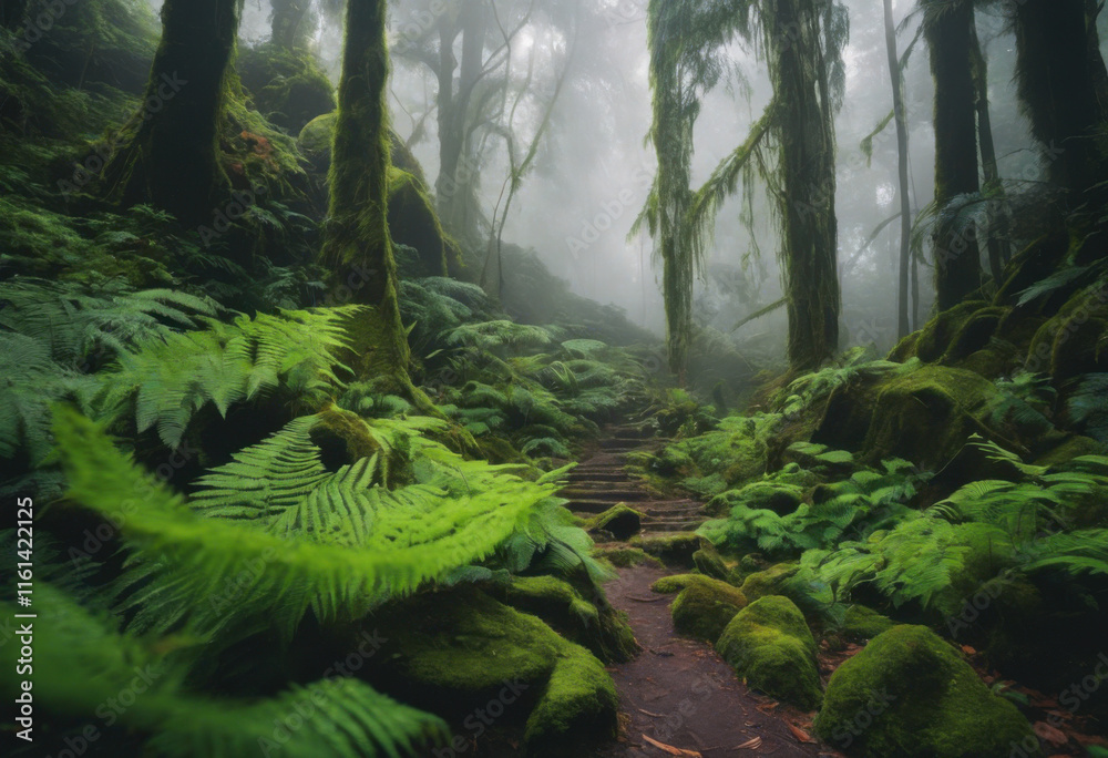 A misty rainforest with giant ferns and moss-covered rocks, exuding a sense of tranquility A misty rainforest with giant ferns and moss-covered rocks, exuding a sense of tranquility