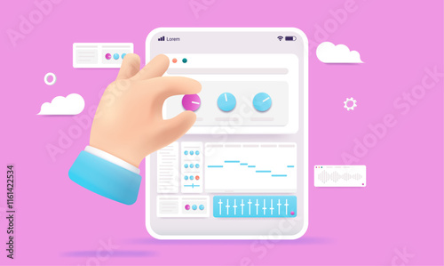 Music production on tablet device - Hand is making and creating midi tunes and sound in app on screen. Vector illustration
