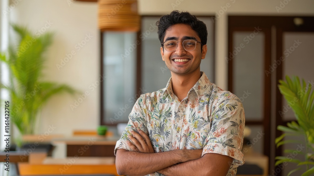Fototapeta premium Confident Indian Male Employee Embracing Opportunity in Modern Co-Working Space, Smiling with Pride