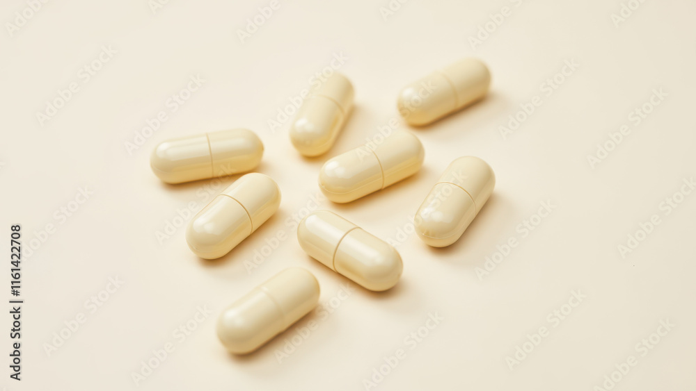 Cluster of magnesium glycinate capsules on a light-colored surface. Cluster of magnesium glycinate capsules on a light-colored surface.