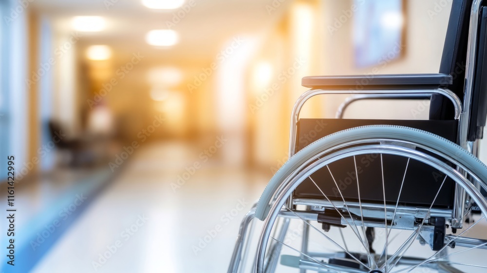 Empty wheelchair resting silently on a nostalgic hospital corridor, evoking thoughts of healing, resilience, and the passage of time in a place of care and recovery Empty wheelchair resting silently on a nostalgic hospital corridor, evoking thoughts of healing, resilience, and the passage of time in a place of care and recovery
