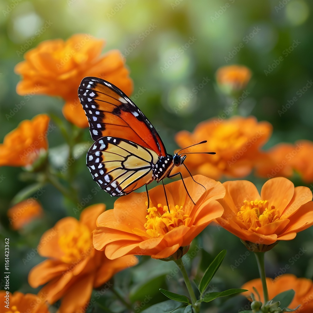 Obraz premium Orange Butterfly on Marigolds in a Vibrant Garden Setting