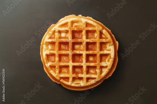A single golden brown waffle sits on a dark surface