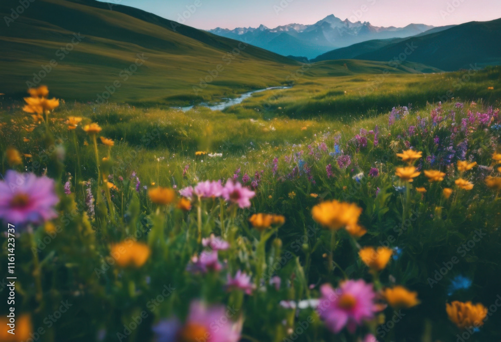 Fototapeta premium Rolling green hills covered with wildflowers, under a clear blue sky with fluffy white clouds