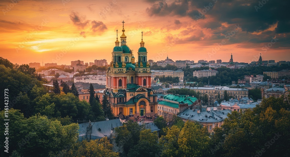 Fototapeta premium Stunning Orange Sunset Over Kiev: A Beautiful Cityscape with Clouds and Modern Architecture