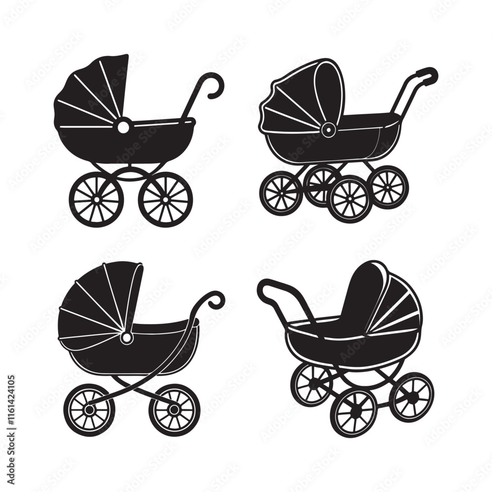 Set of Baby carriage silhouette, black and white silhouette, vector and illustration Set of Baby carriage silhouette, black and white silhouette, vector and illustration