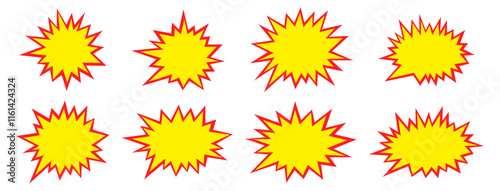 Red and yellow starburst isolated on white background. Set of vector stickers with space for text. Bursting speech stars vector illustration