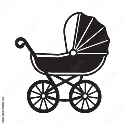 Baby carriage silhouette, black and white silhouette, vector and illustration