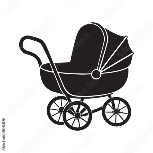 Baby carriage silhouette, black and white silhouette, vector and illustration