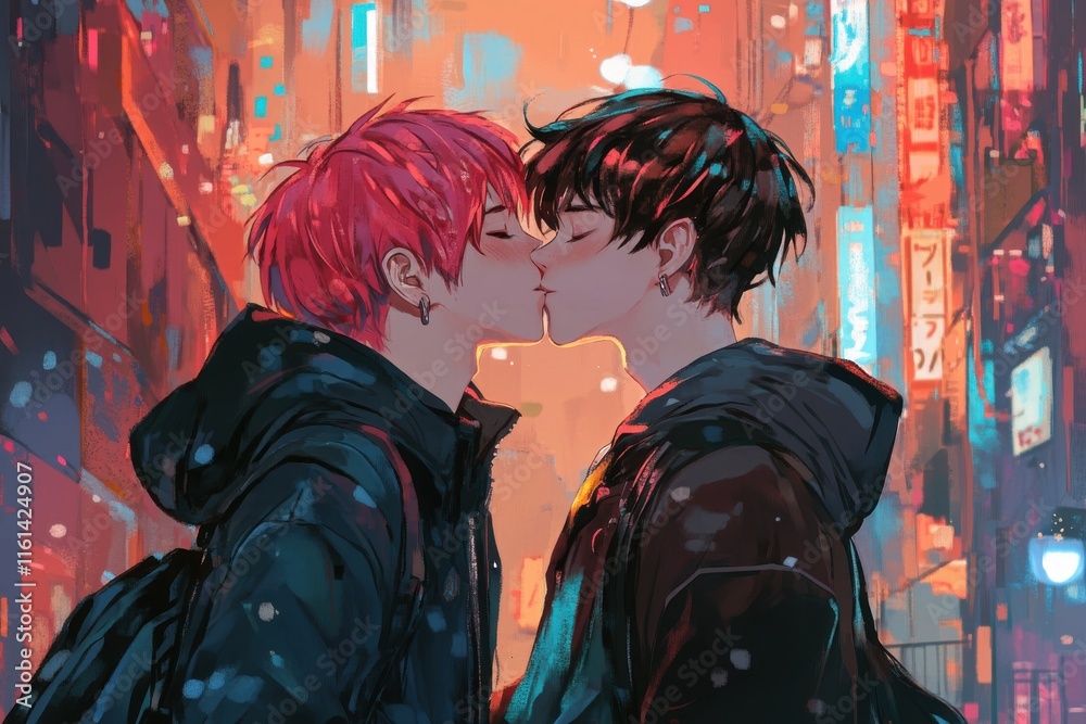 An anime boys�� couple sharing a kiss, showcasing a romantic and dreamy atmosphere. An anime boys�� couple sharing a kiss, showcasing a romantic and dreamy atmosphere.