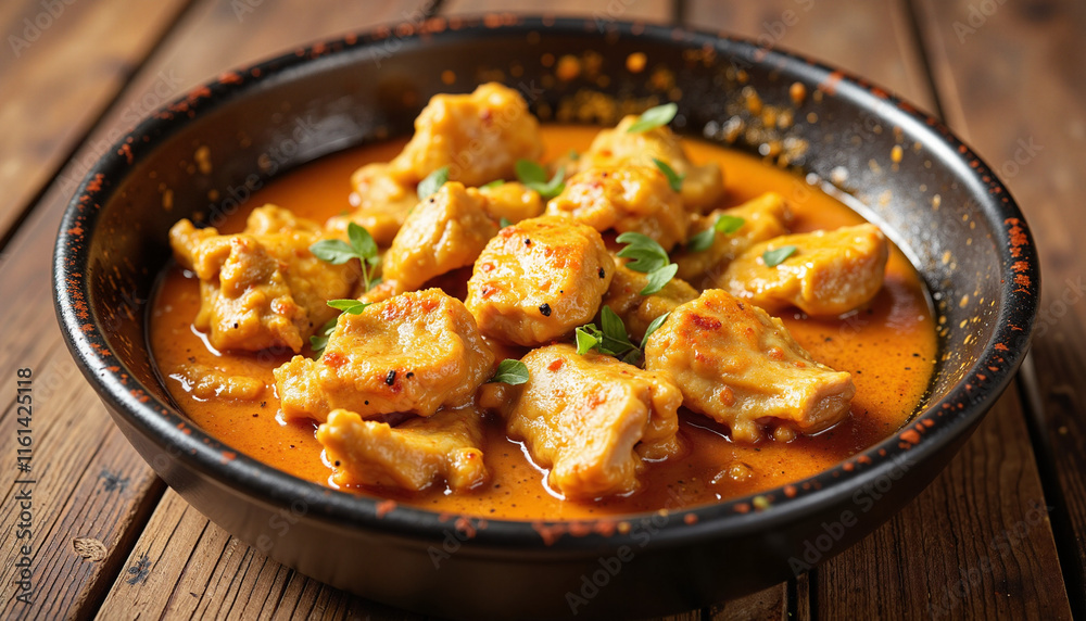 Rich and creamy butter chicken curry in a rustic bowl highlighting tender chicken pieces in a bright orange sauce on a wooden surface, representing Spicy Curry Varieties Rich and creamy butter chicken curry in a rustic bowl highlighting tender chicken pieces in a bright orange sauce on a wooden surface, representing Spicy Curry Varieties
