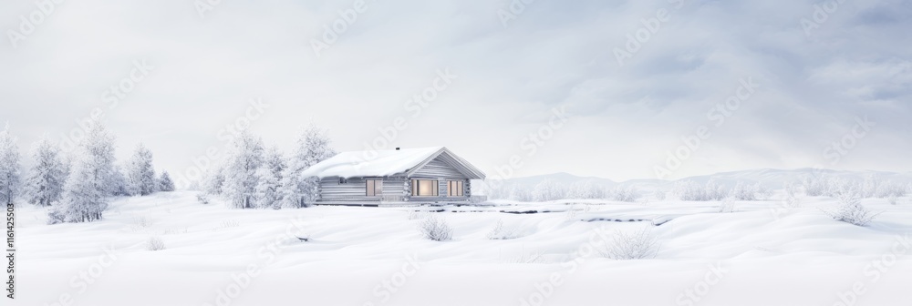 A serene winter landscape featuring a lone wooden cabin amidst a blanket of fresh snow, surrounded by a forest of frost-covered trees beneath a soft, cloudy sky A serene winter landscape featuring a lone wooden cabin amidst a blanket of fresh snow, surrounded by a forest of frost-covered trees beneath a soft, cloudy sky