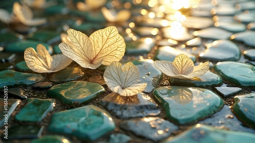 Stunning Translucent Tile Mosaic with Delicate Floating Leaves - AI-Generated Art