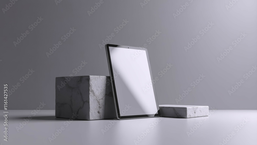 Tablet Mockup on Marble: A sleek black tablet with a blank screen stands on a marble podium, creating a minimalist and modern mockup perfect for showcasing apps, websites, or designs. Tablet Mockup on Marble: A sleek black tablet with a blank screen stands on a marble podium, creating a minimalist and modern mockup perfect for showcasing apps, websites, or designs.