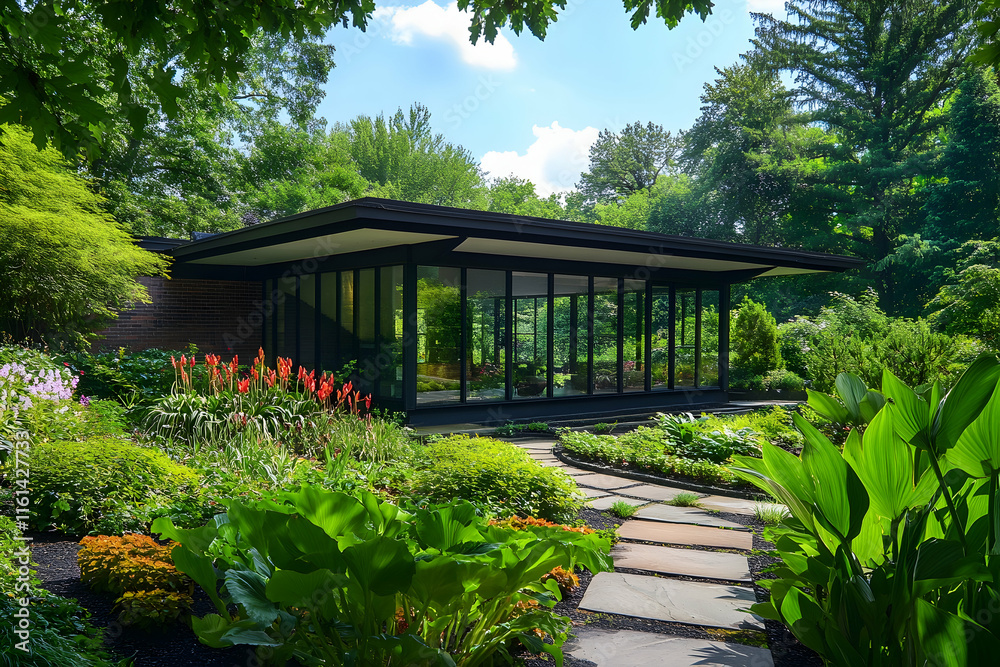 Modern architectural structure surrounded by a lush garden with vibrant greenery Modern architectural structure surrounded by a lush garden with vibrant greenery