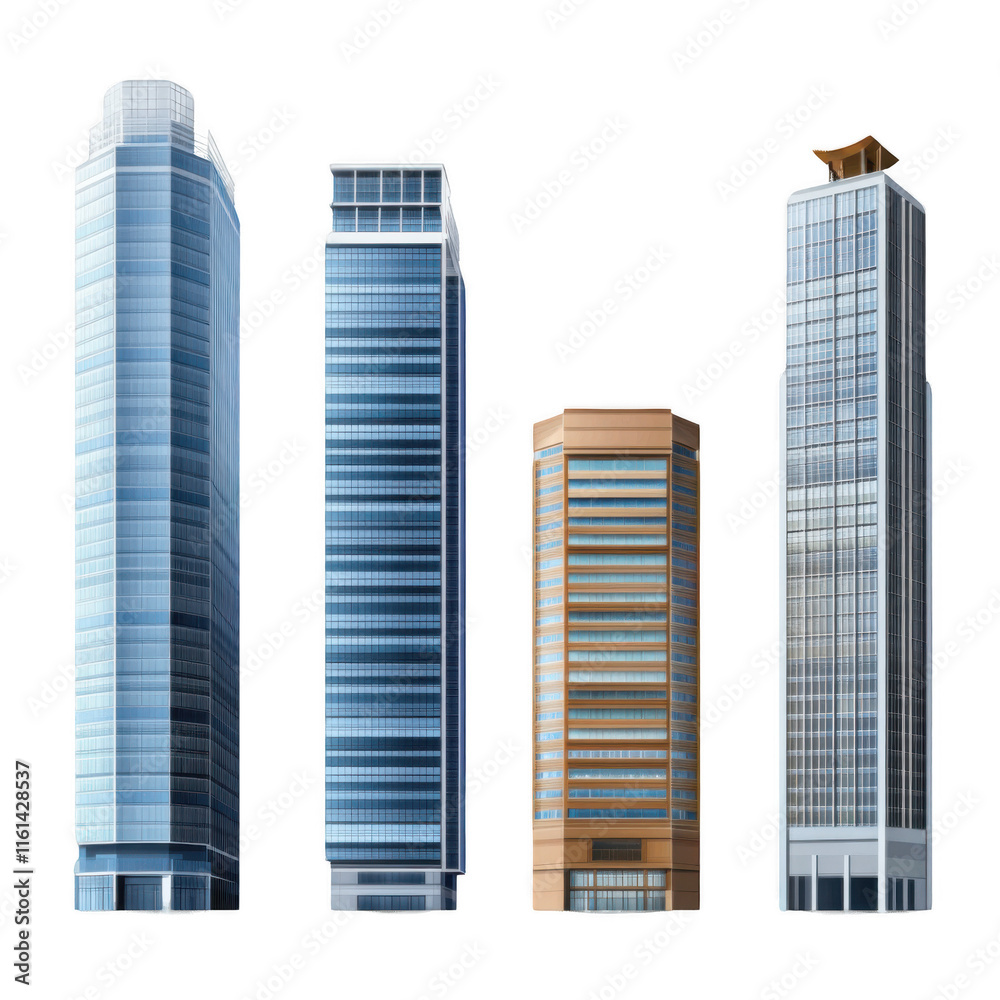 Collection of tall office building realistic images on a white background, showcasing urban architecture. Collection of tall office building realistic images on a white background, showcasing urban architecture.