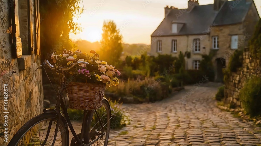 Obraz premium Sunset over cobblestone street with vintage bicycle and flowers.