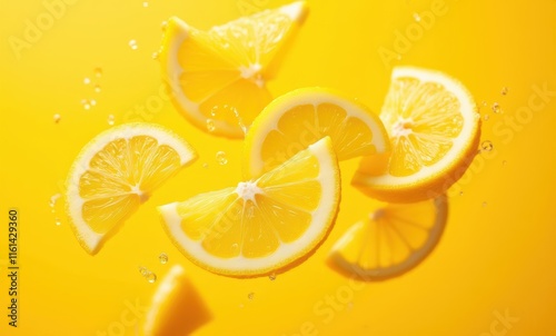 Fresh lemon slices on vibrant yellow background