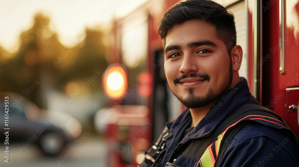 Fototapeta premium Confident Hispanic firefighter stands near fire truck during sunset