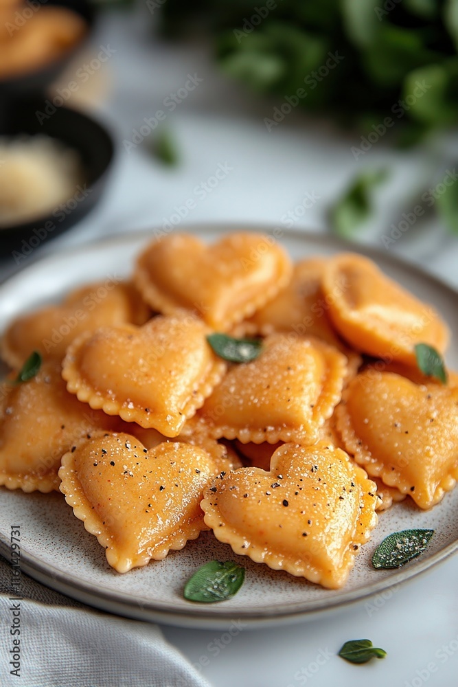 Heart Shaped Ravioli on Plate with Fresh Basil and Pepper, Perfect for Romantic Valentine's Day Dinner Idea, Italian Pasta Concept Heart Shaped Ravioli on Plate with Fresh Basil and Pepper, Perfect for Romantic Valentine's Day Dinner Idea, Italian Pasta Concept