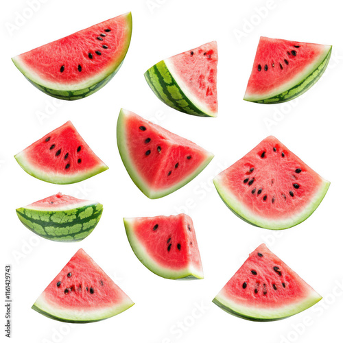 Collection of watermelons with half slices falling or floating, celebrating freshness and summer vibes. 