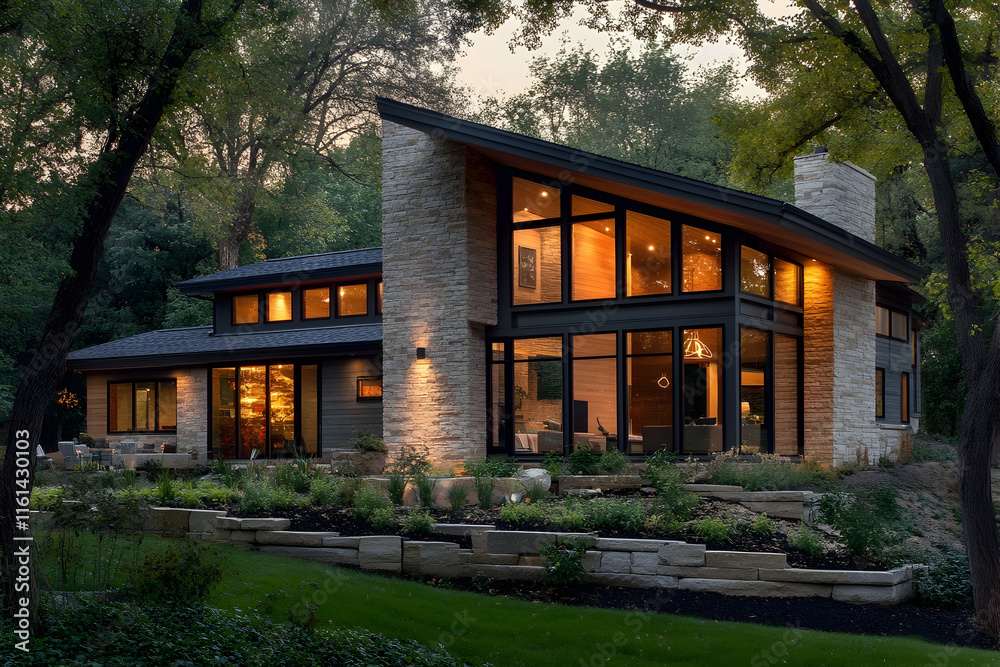 Modern home exterior with a mix of stone and siding, large windows, and a landscaped yard at twilight Modern home exterior with a mix of stone and siding, large windows, and a landscaped yard at twilight