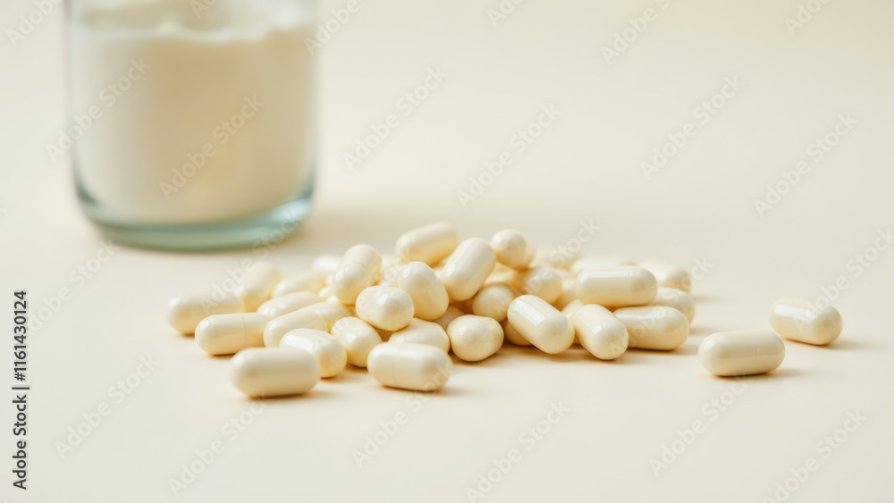 Magnesium Glycinate capsules on a surface with a glass of milk nearby. Magnesium Glycinate capsules on a surface with a glass of milk nearby.