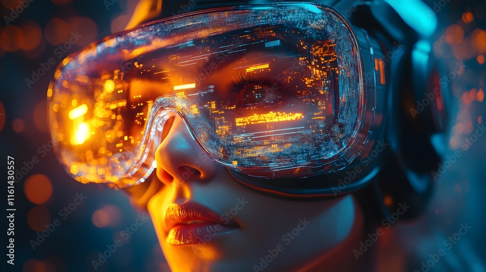 custom made wallpaper toronto digitalWoman wearing futuristic glasses, city lights reflected.