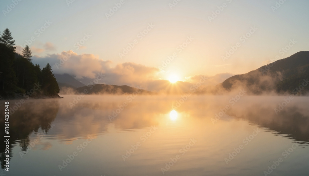 Fototapeta premium Scenic sunrise over tranquil lake with soft mist and golden light, embodying peace and serenity